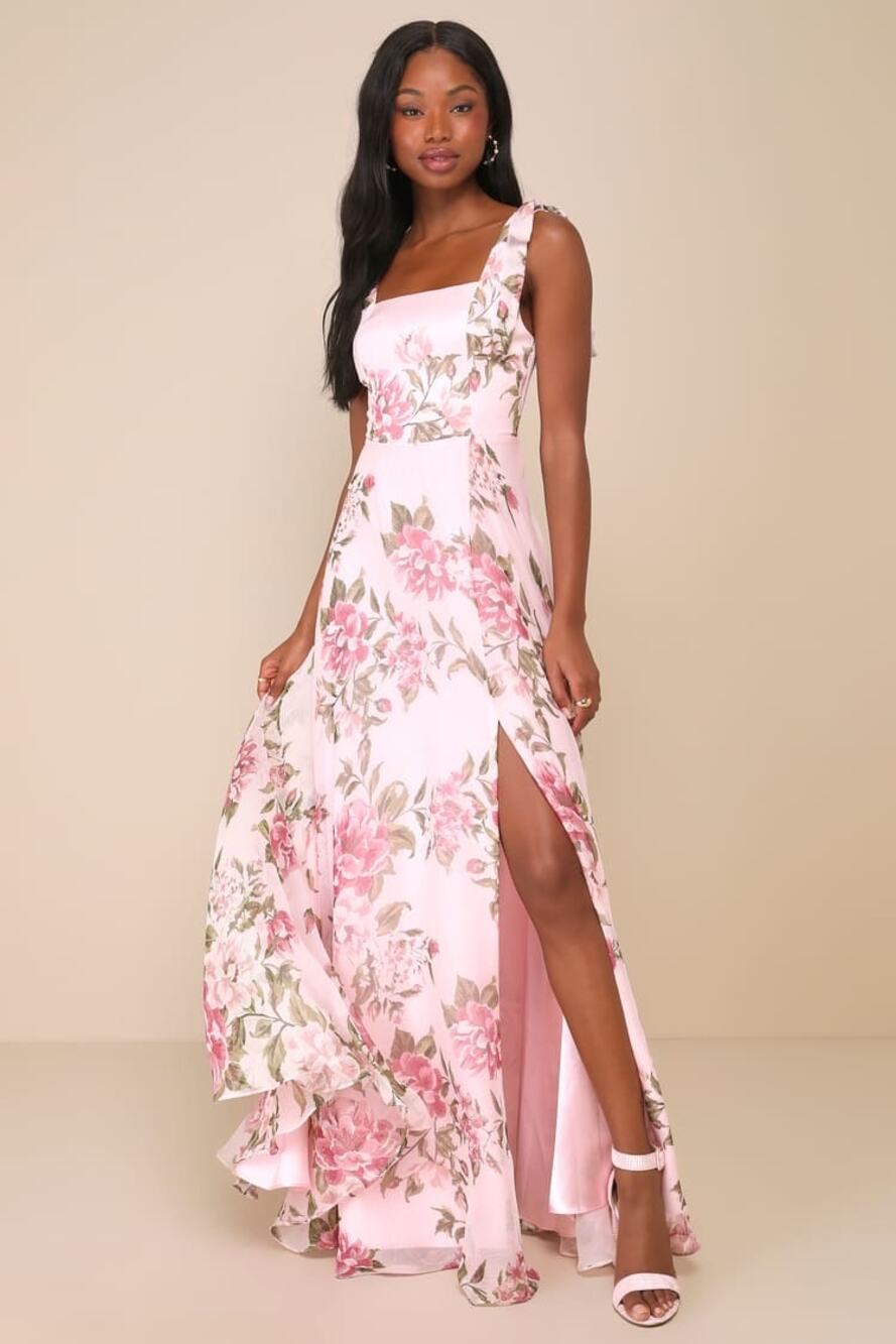NWT Lulus Love Me Forever Pink Floral Tie-Strap Square Neck Maxi Dress Sz L